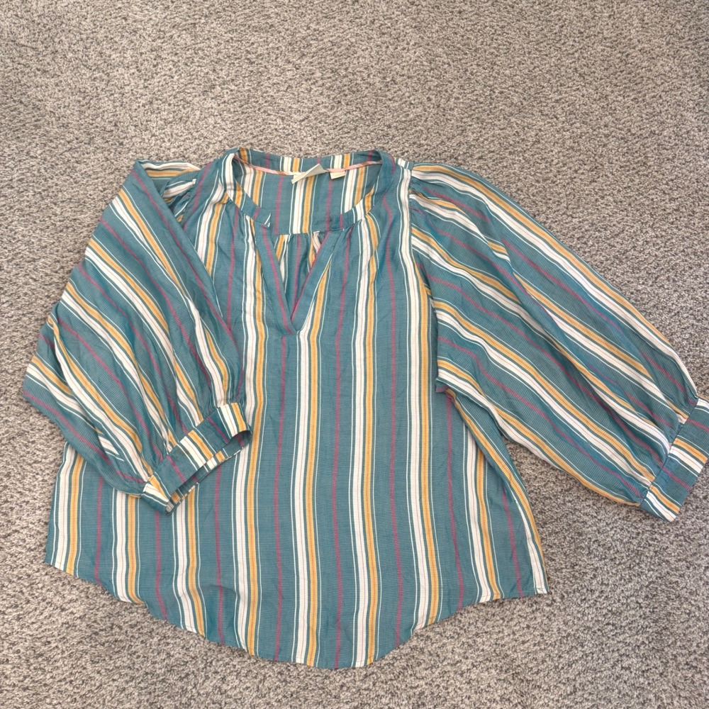 Maeve Anthropologie Striped V-Neck Balloon Sleeve Tunic Blouse Teal XL Womens